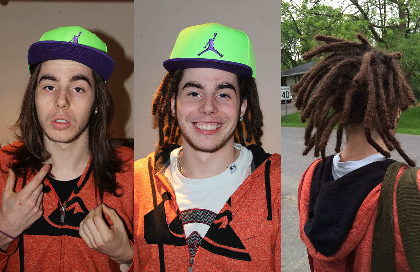 Dreads on a guy with long black hair with a Green Jordan hat. Before and After. White guy